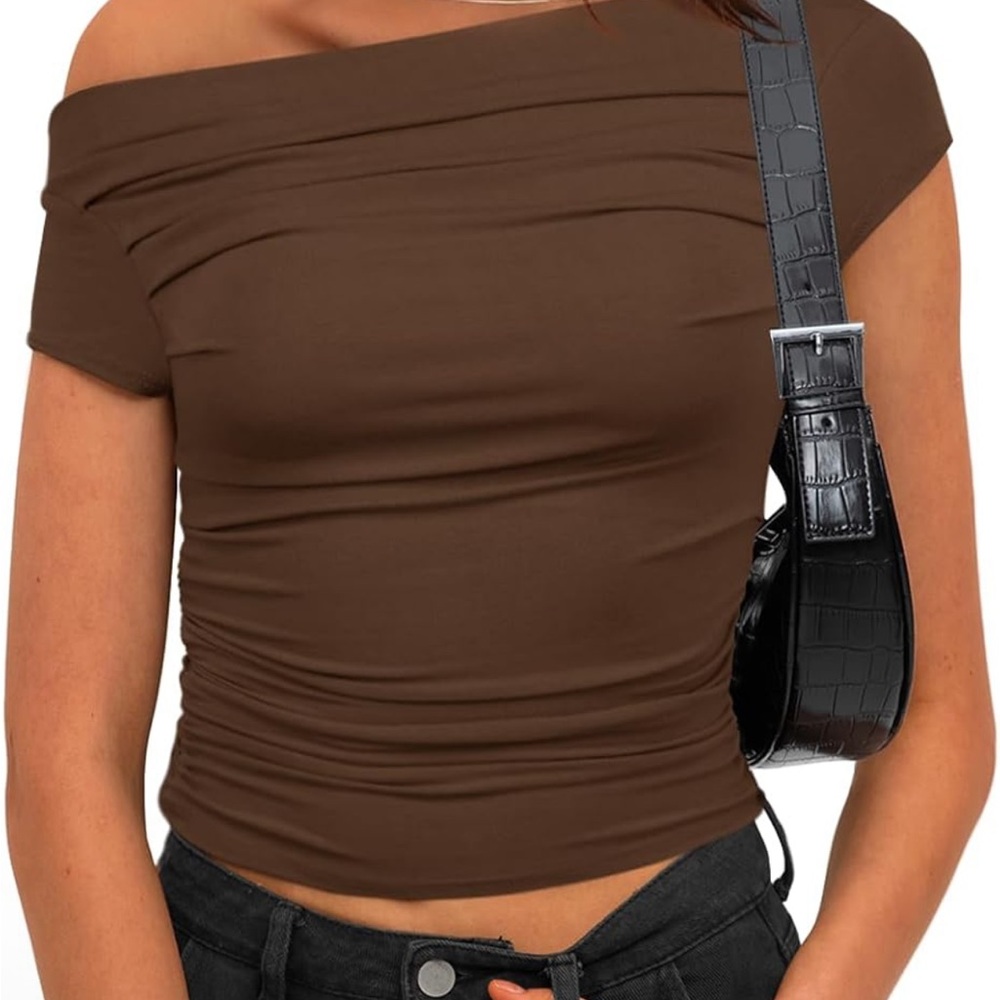 NWT Off-Shoulder Ruched Crop Top in Brown